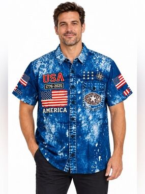 Men's Blue Patriotic USA Button-Up Shirt size XXL